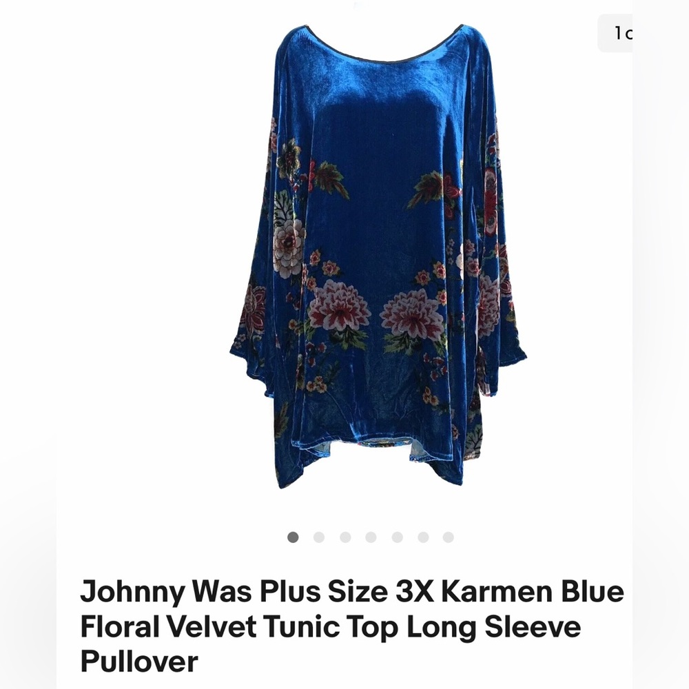 IN SEARCH OF JOHNNY WAS KARMEN FLORAL BLUE VELVET TUNIC 3X